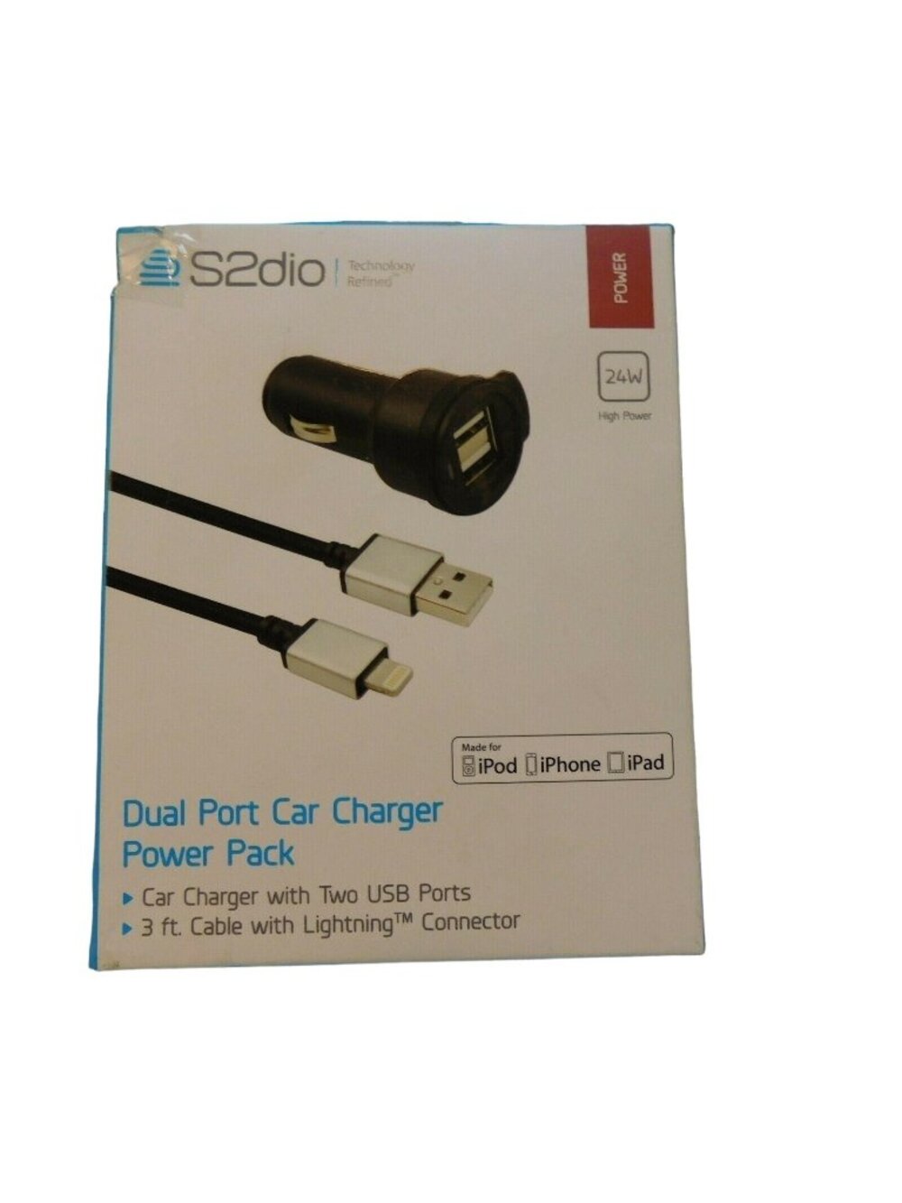 Sdio Dual Port Car Charger Power Pack 3Ft Fast Charging Ipod-Iphone-Ipad 24 Watt